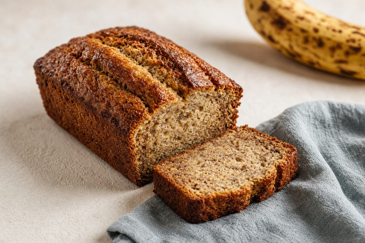 Sliced banana bread on a plaster counter beside a dusty blue linen napkin.