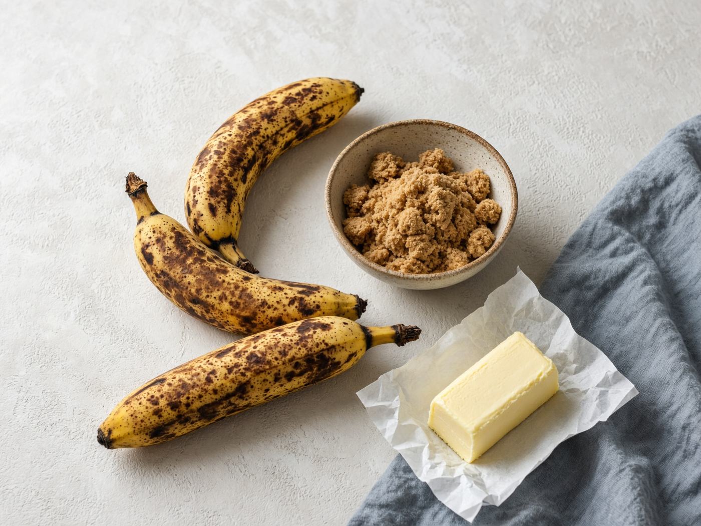 Speckled bananas, brown sugar, and butter on a plaster counter.